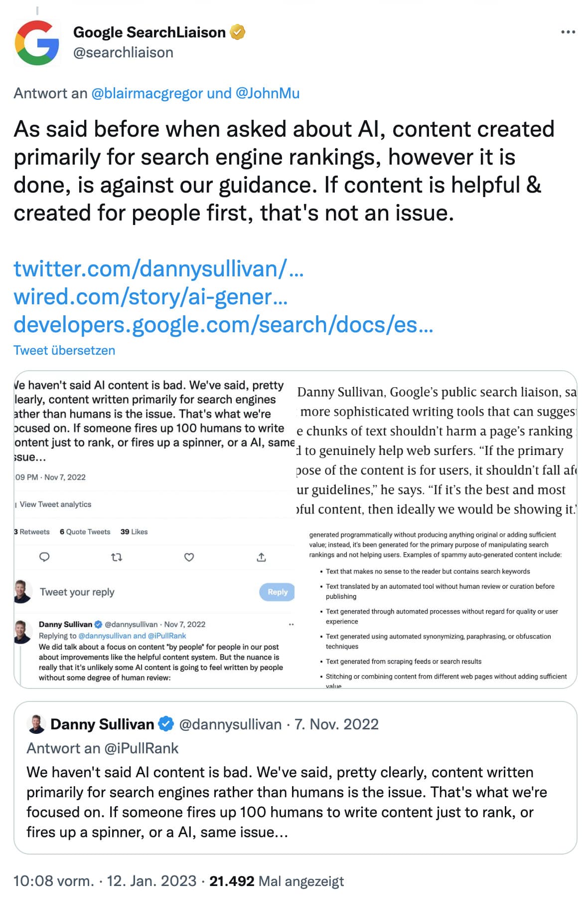 As said before when asked about Al, content created primarily for search engine rankings, however it is done, is against our guidance. If content is helpful & created for people first, that's not an issue.