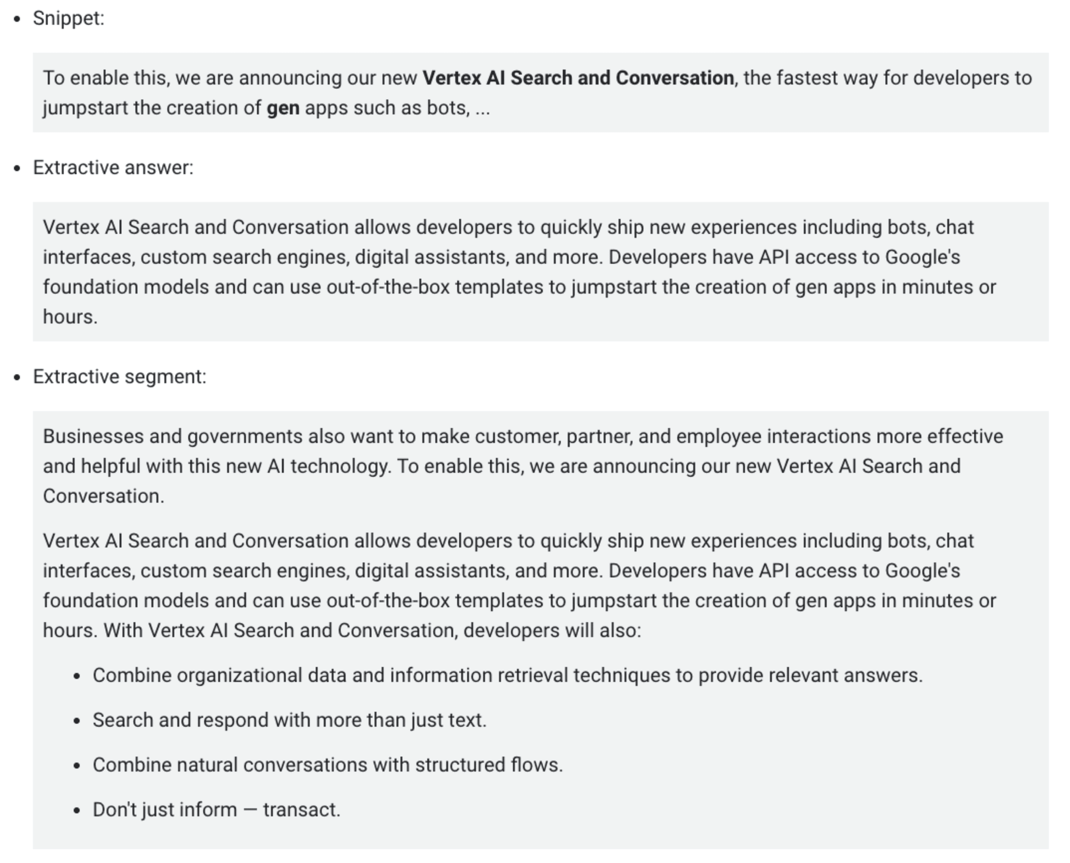 Snippet, Extractive answer, and Extractive Segment with Vertex AI Search