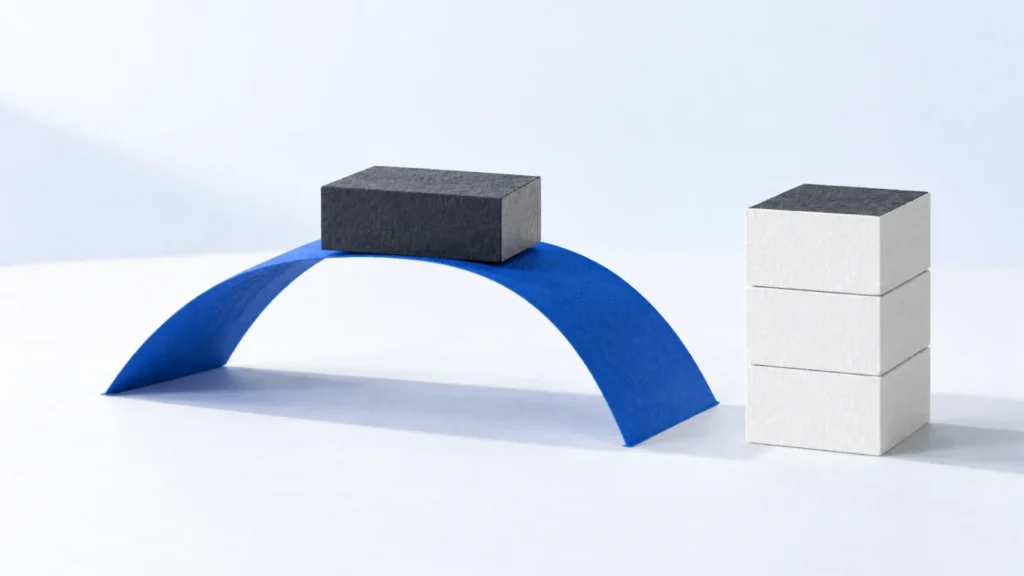 Eine blaue Papierbrücke trägt ein Gewicht; weitere Prüfgewichte stehen daneben.